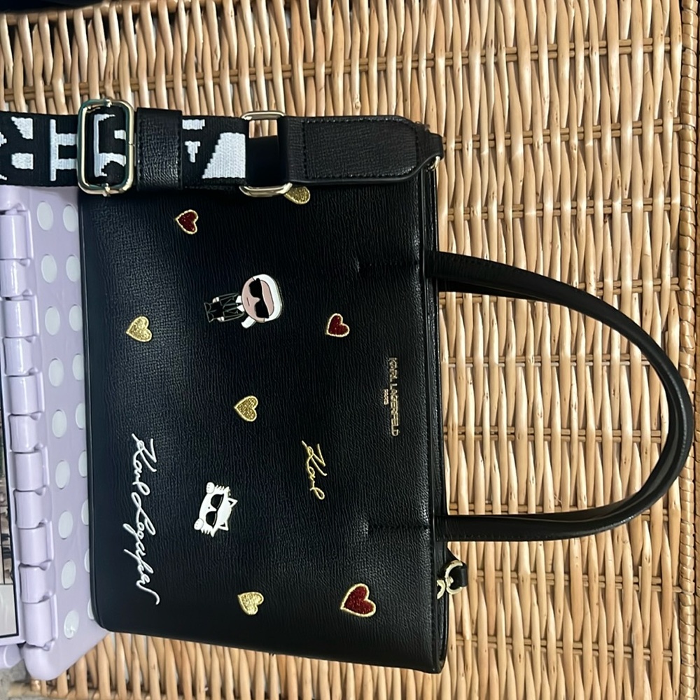 Karl Lagerfeld Maybelle Satchel Crossbody Medium Black IKONS Cat Heart Bag